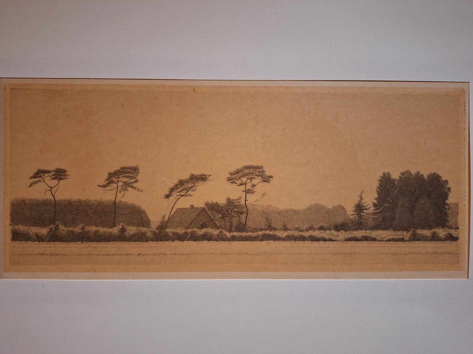 Ets Landschap met bomen en huis, Ophalen of Verzenden, Landschap, Ets