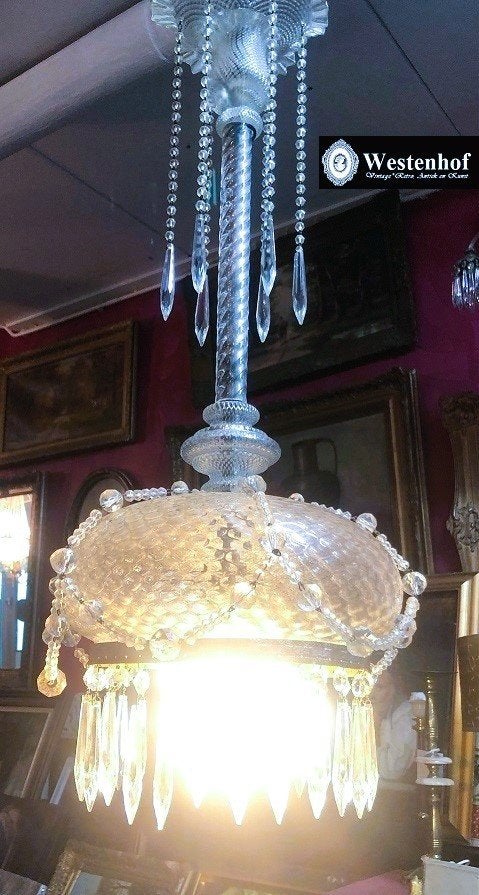 Franse hanglamp art deco glas met kristallen pegels, Ophalen, Gebruikt, Glas