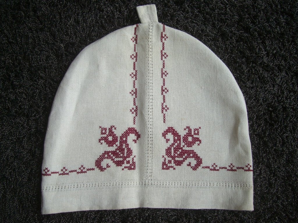 BORDUREN - LINNEN THEEMUTS - ROOD BORDUURWERK, Ophalen of Verzenden