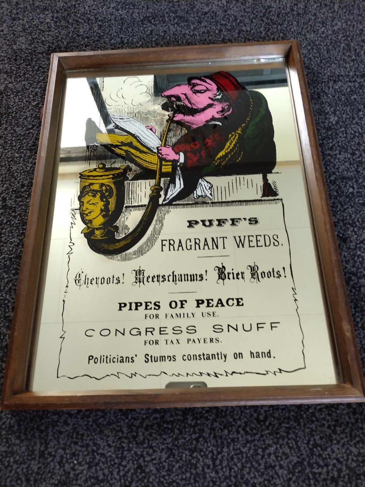 Vintage Spiegel met Puff's Fragrant Weeds Reclame, Verzamelen, Ophalen of Verzenden, Gebruikt, Reclamebord