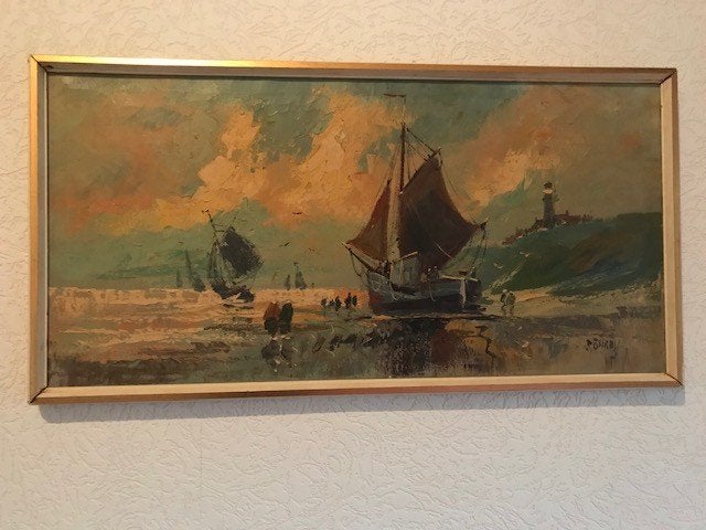 Schilderij 'Vuurtoren en gestrande vissersboot', Antiek en Kunst, Ophalen, Maritiem / water, Doek, Olieverf