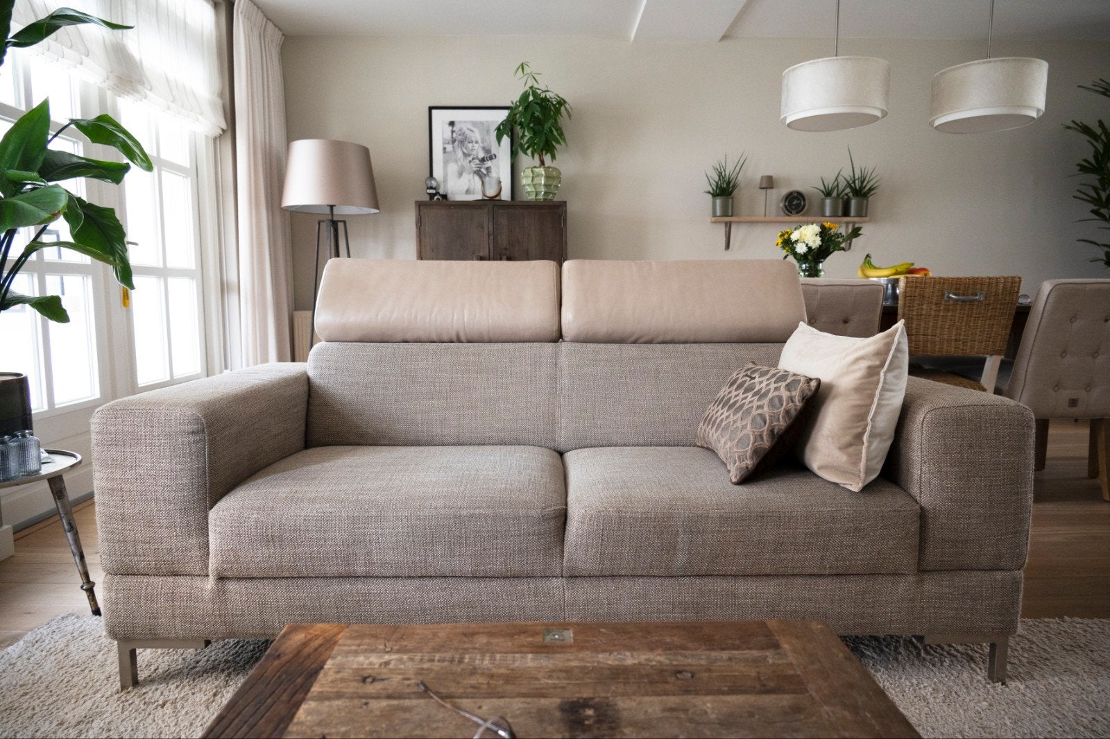Beige tweezitsbank van Montel. stof met Leer breedt 192 cm, Ophalen, Zo goed als nieuw, Leer