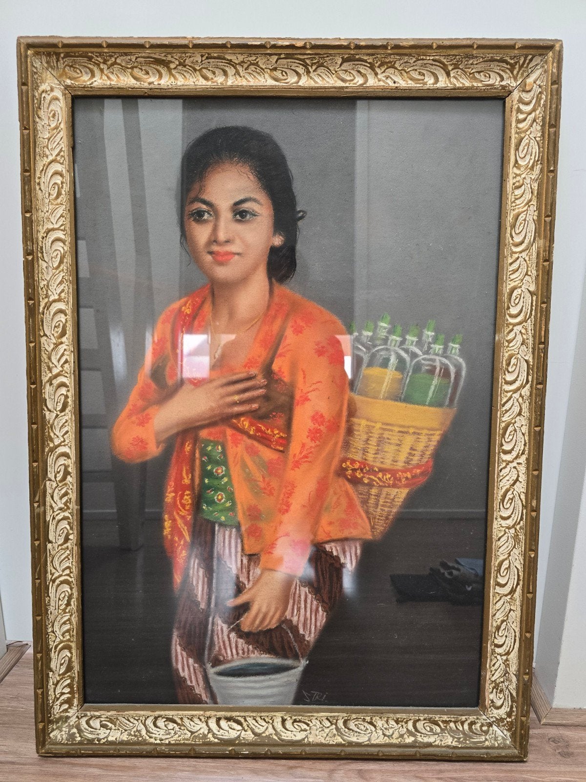 Origineel Indonesisch krijtschilderij, Antiek en Kunst, Kunst | Schilderijen | Klassiek, Ophalen of Verzenden