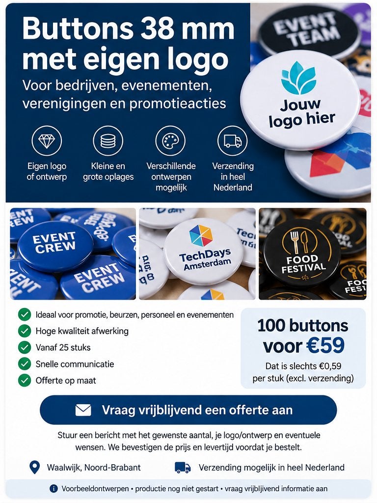 Buttons 38 mm met eigen logo | 100 stuks €59 | Op maat, Ophalen of Verzenden, Nieuw