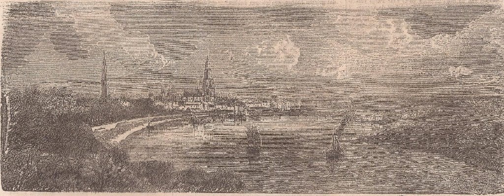 Arnhem Gezicht op Arnhem met de Rijn Houtgravure Koster 1866