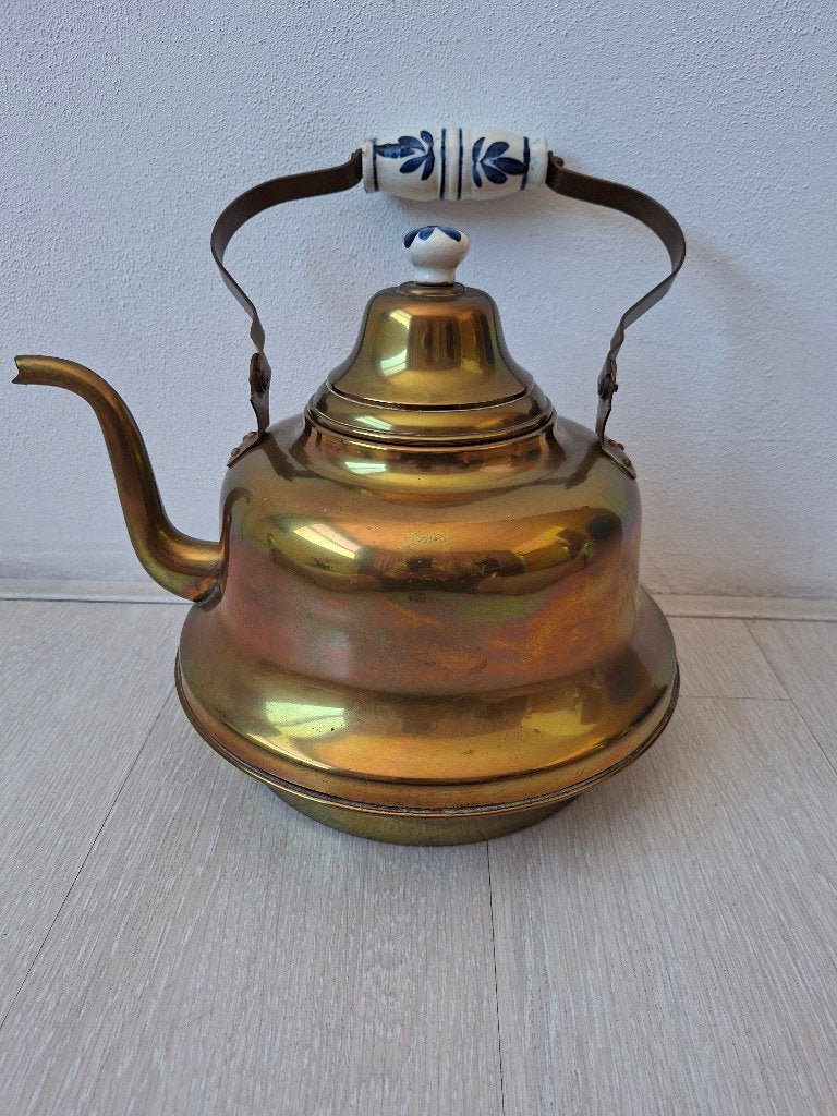 Vintage Koperen Waterketel met Delfts Blauw Handvat, Ophalen of Verzenden, Koper