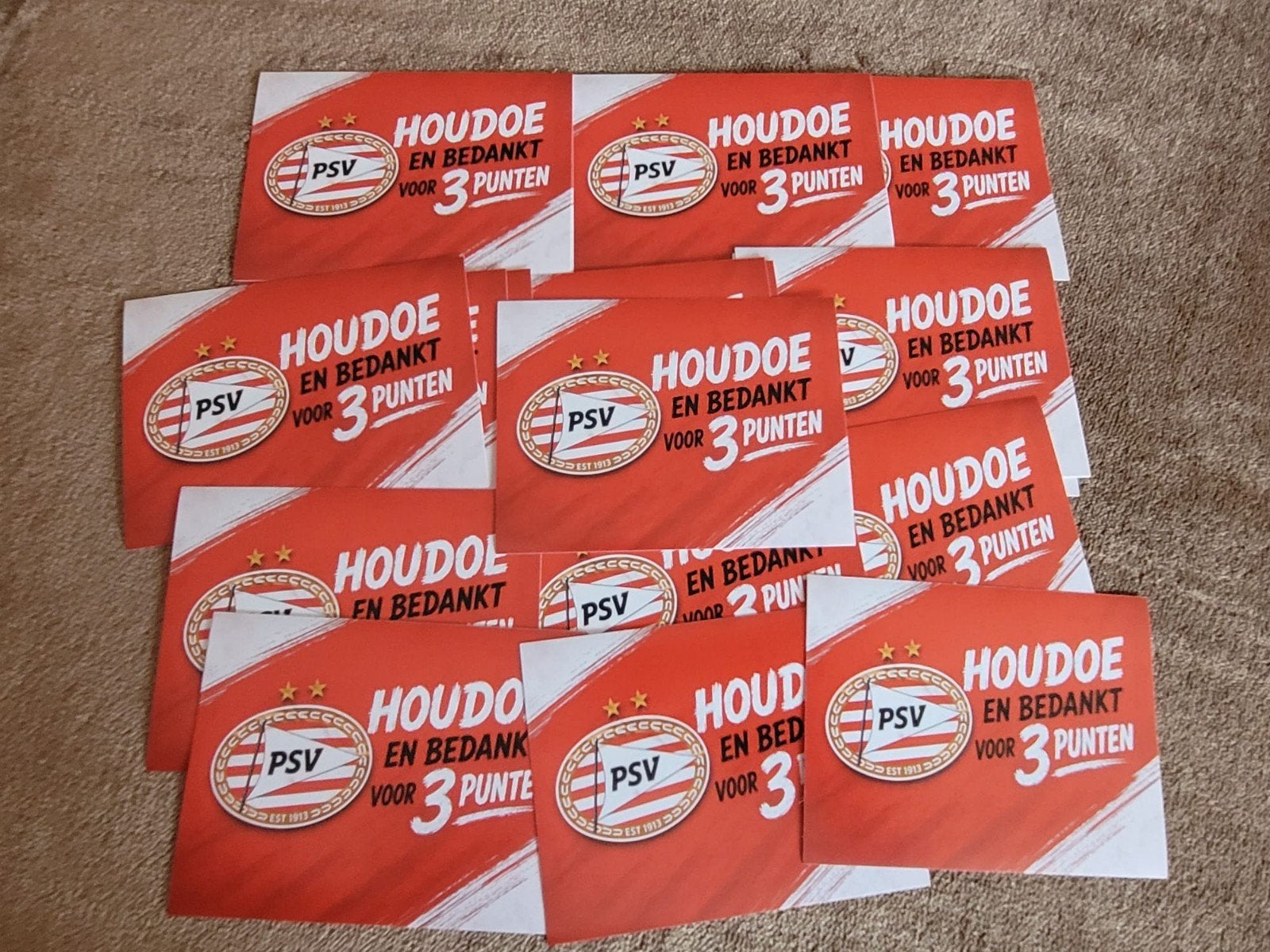 PSV 'Houdoe en bedankt voor 3 punten' stickers, Ophalen of Verzenden, Zo goed als nieuw, PSV, Poster, Plaatje of Sticker