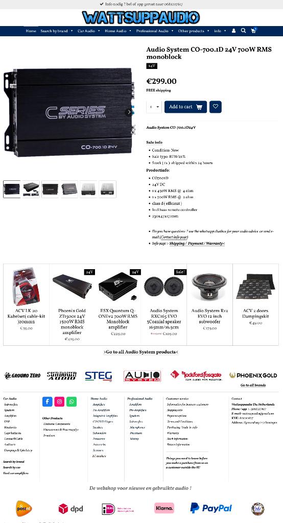 Audio System CO-700.1D 24V 700W RMS monoblok versterker, Auto diversen, Autospeakers, Info@optimount.nl, Nieuw, Ophalen of Verzenden
