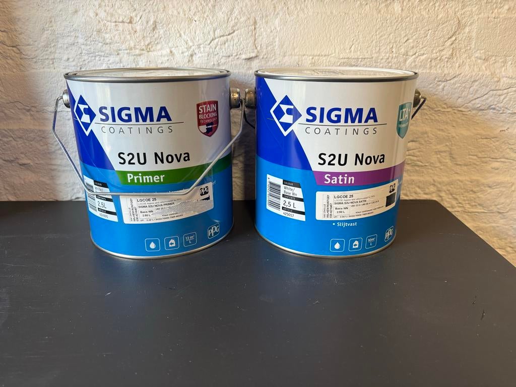 Sigma S2U Nova Primer en Satin verf 2,5L wit, Wit, Nieuw, Ophalen of Verzenden, Verf