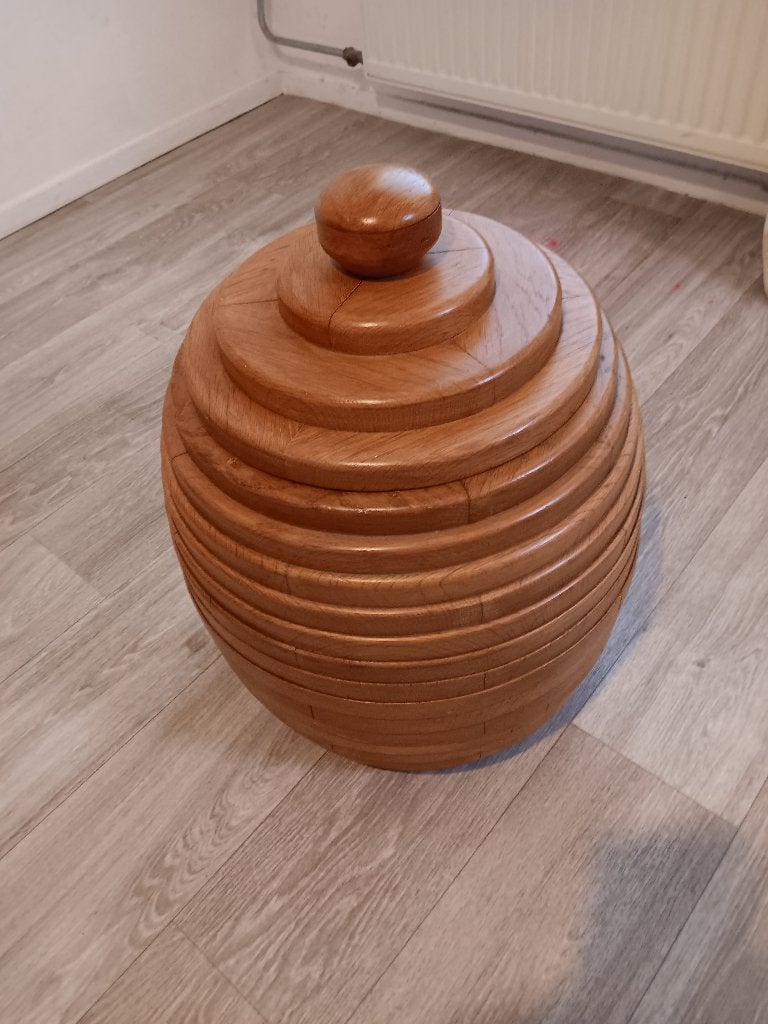 Grote vintage houten voorraadpot – handgedraaid – met deksel, Ophalen, Gebruikt