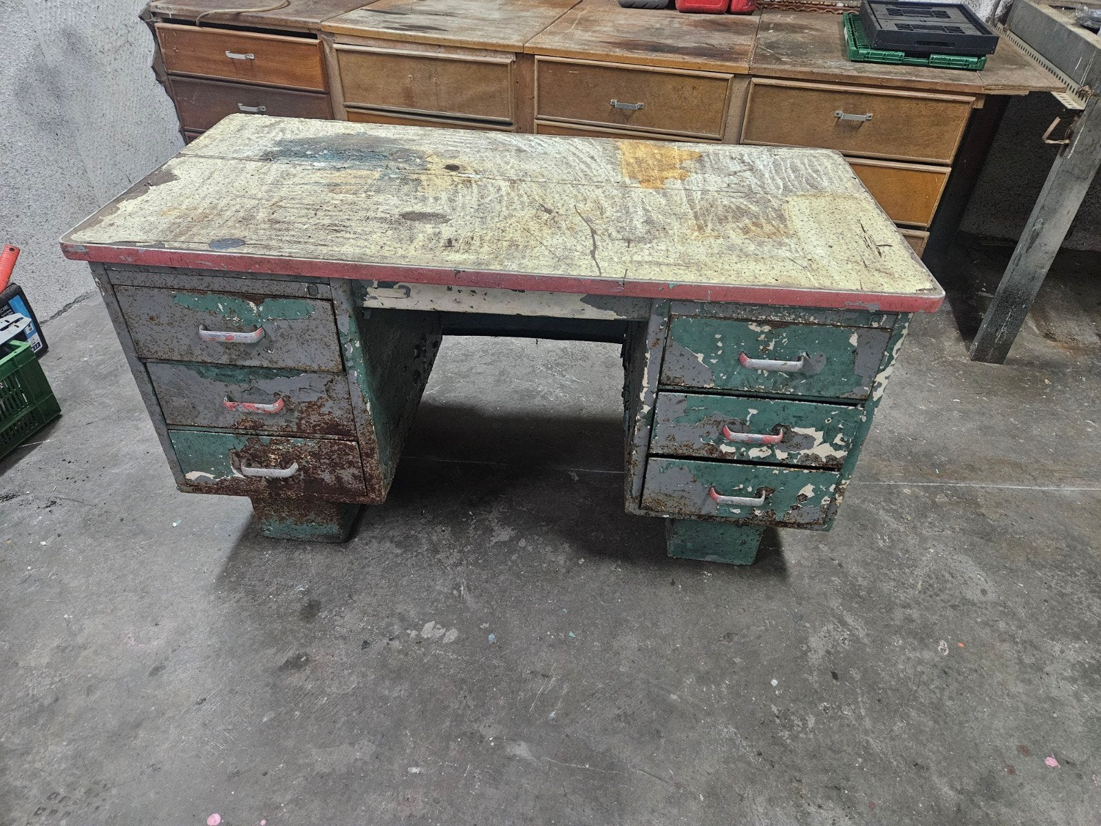 Vintage industriële werkbank/bureau met laden, Antiek en Kunst, Ophalen