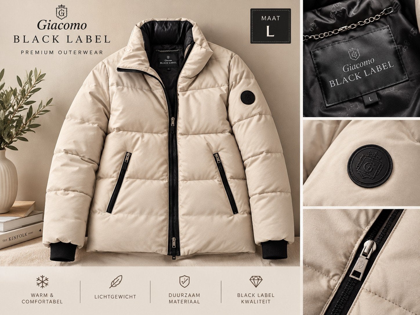 Giacomo Black Label Premium Winterjas - Maat L, Giacomo Black Label, Beige, Maat 42/44 (L), Ophalen of Verzenden