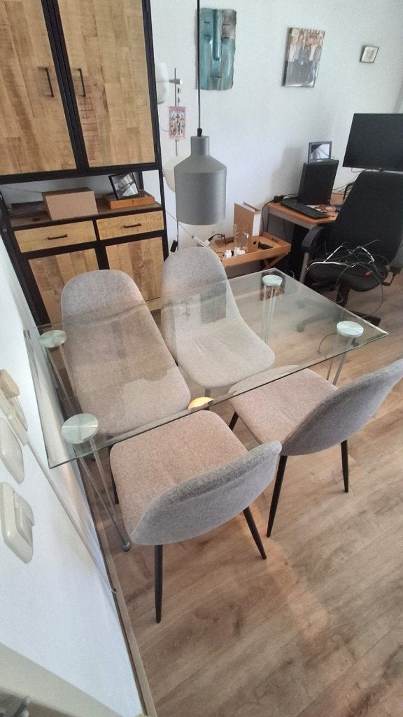 Glazen tafel + 4 stoelen, Ophalen, 50 – 75, Gebruikt, 100 tot 150 cm