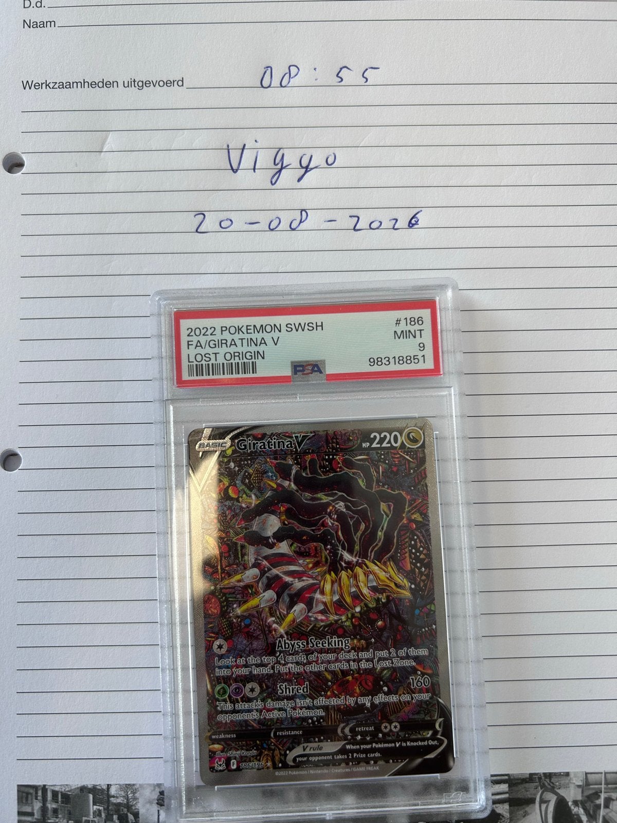 PSA 9 MINT Giratina V Full Art Lost Origin Pokemon Kaart, Ophalen of Verzenden, Zo goed als nieuw, Losse kaart