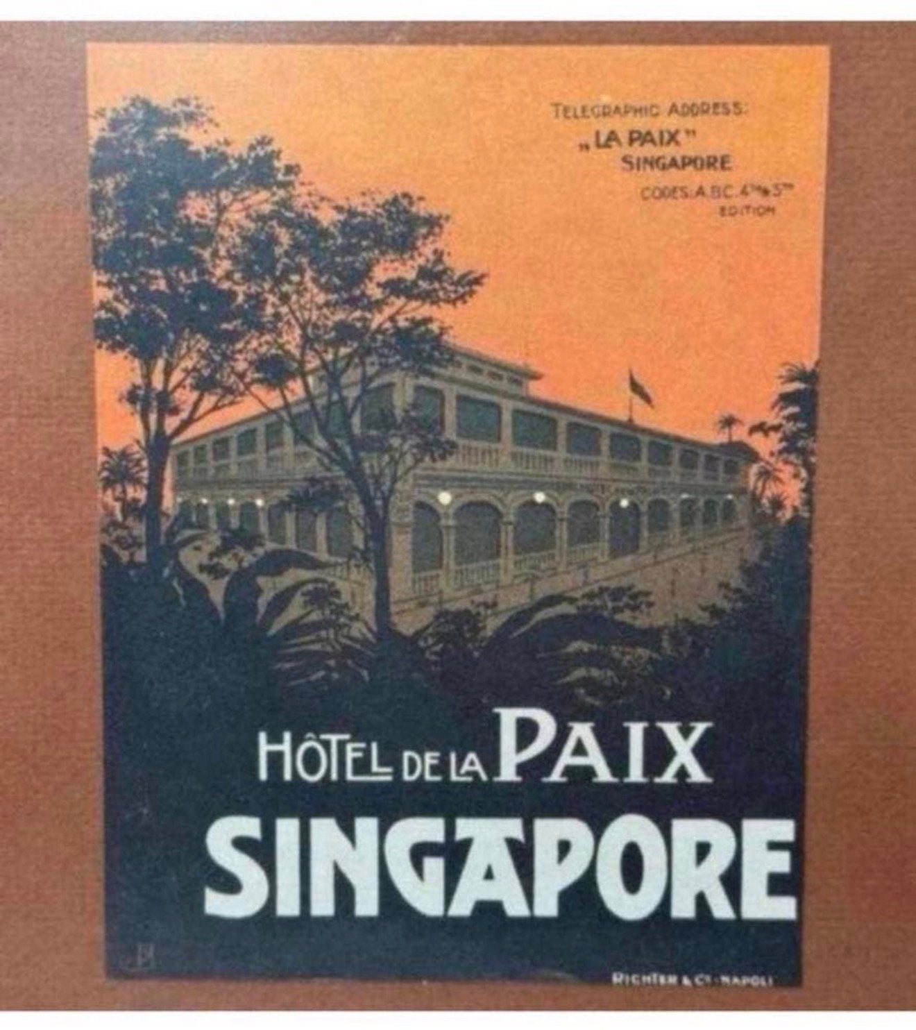 Ingelijste vintage flyer - Hotel de la Paix Signapore Napoli, G, Ophalen of Verzenden, Zo goed als nieuw, H