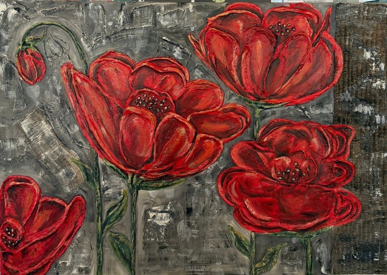 Levendig Rood: Abstracte Bloemen op Grijs siz 100*70, Bloemen, Acrylverf, Ophalen of Verzenden, Handgeschilderd