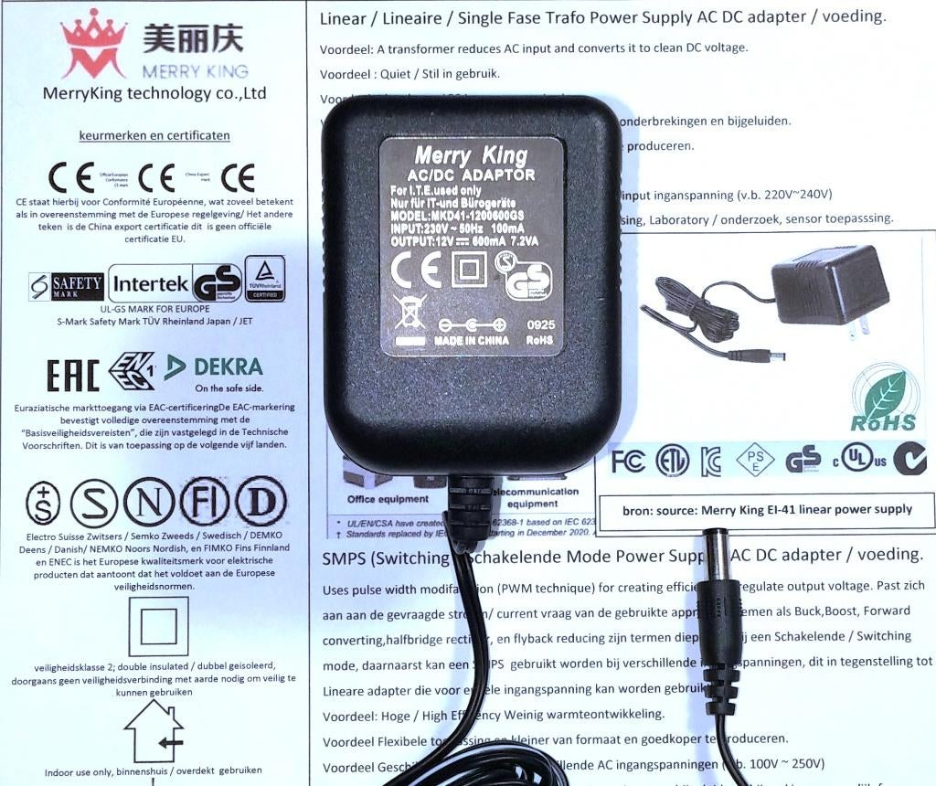 MERRY KING MKD41-1200600 12V 0.6A AC DC Adapter Oplader, Ophalen of Verzenden, Zo goed als nieuw