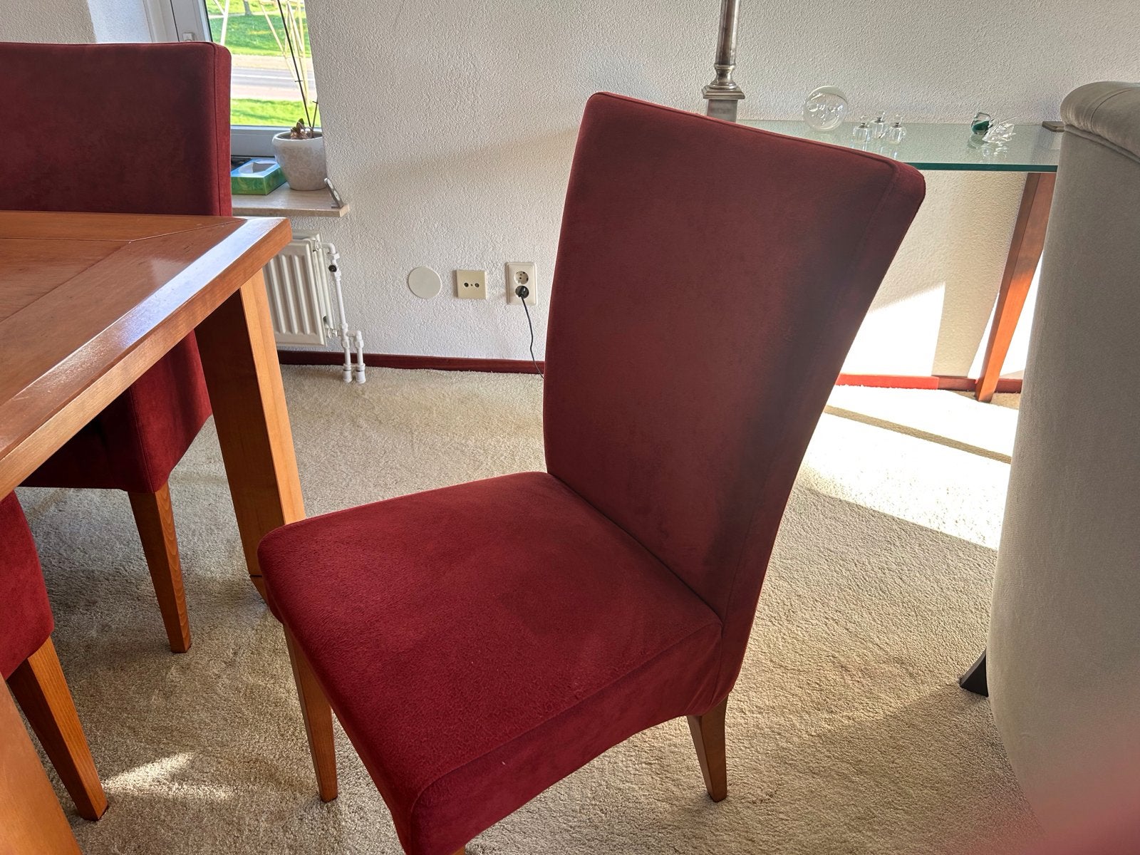 6 Bordeaux Velours Eetkamerstoelen, Huis en Inrichting, Stoelen, Ophalen, Gebruikt, Klassiek, Stof