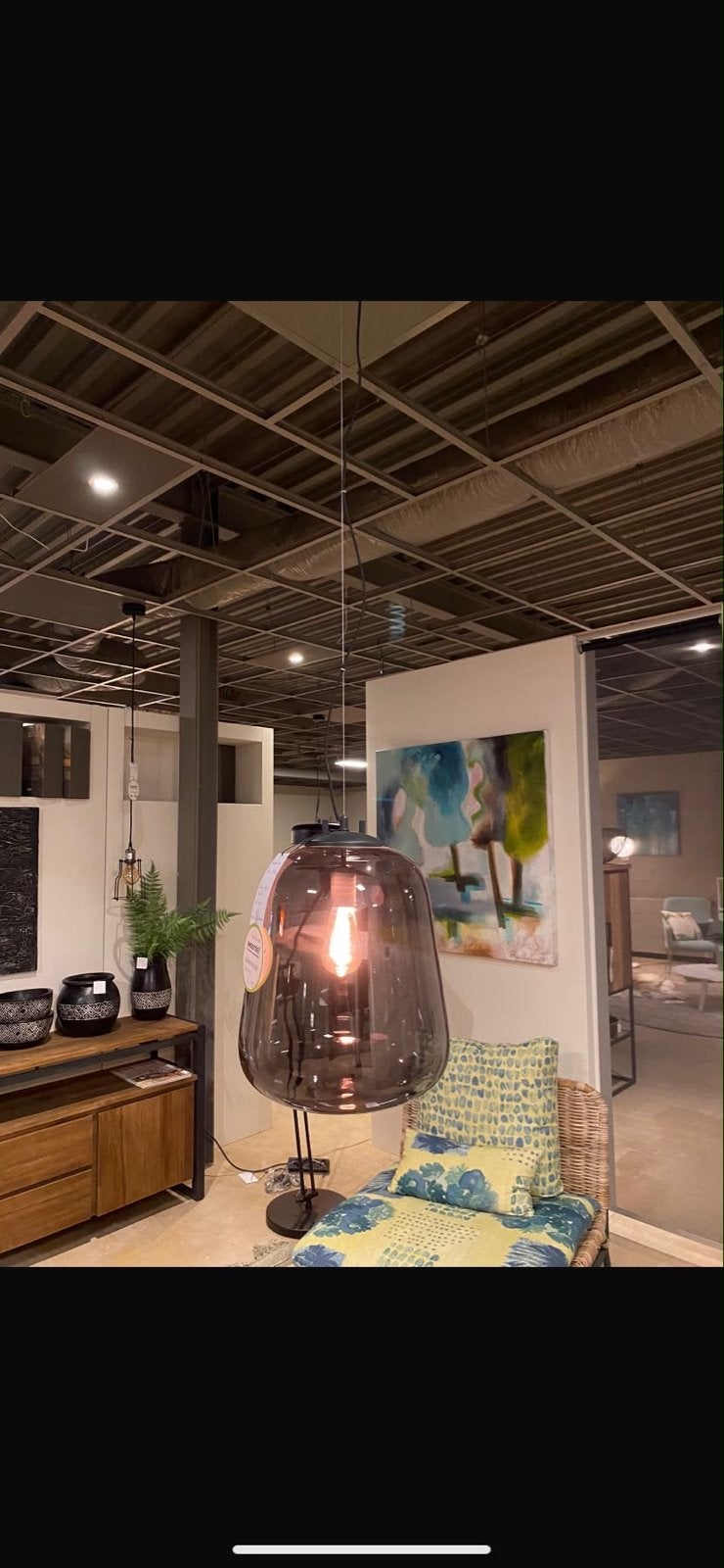 Moderne glazen hanglamp met E27 fitting, Ophalen, Zo goed als nieuw, Glas, E27 (groot)