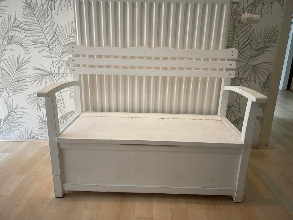 Houten kinderbankje met opbergruimte, Ophalen, Gebruikt, Wit, Hout