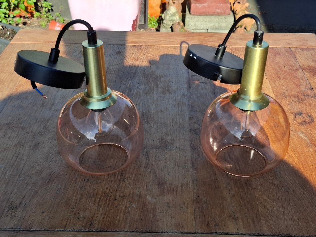 2 hangbollampen  met gekleurd glazen bollen, Ophalen, Gebruikt, Glas, Modern