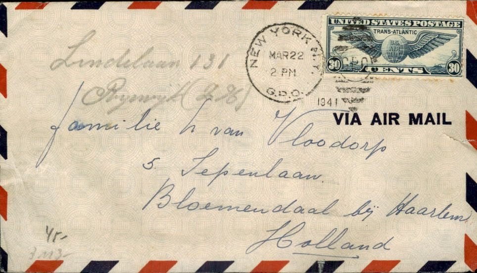 USA - Luchtpost - Bloemendaal - 1941, Postzegels en Munten, Brieven en Enveloppen | Buitenland, Verzenden, Envelop