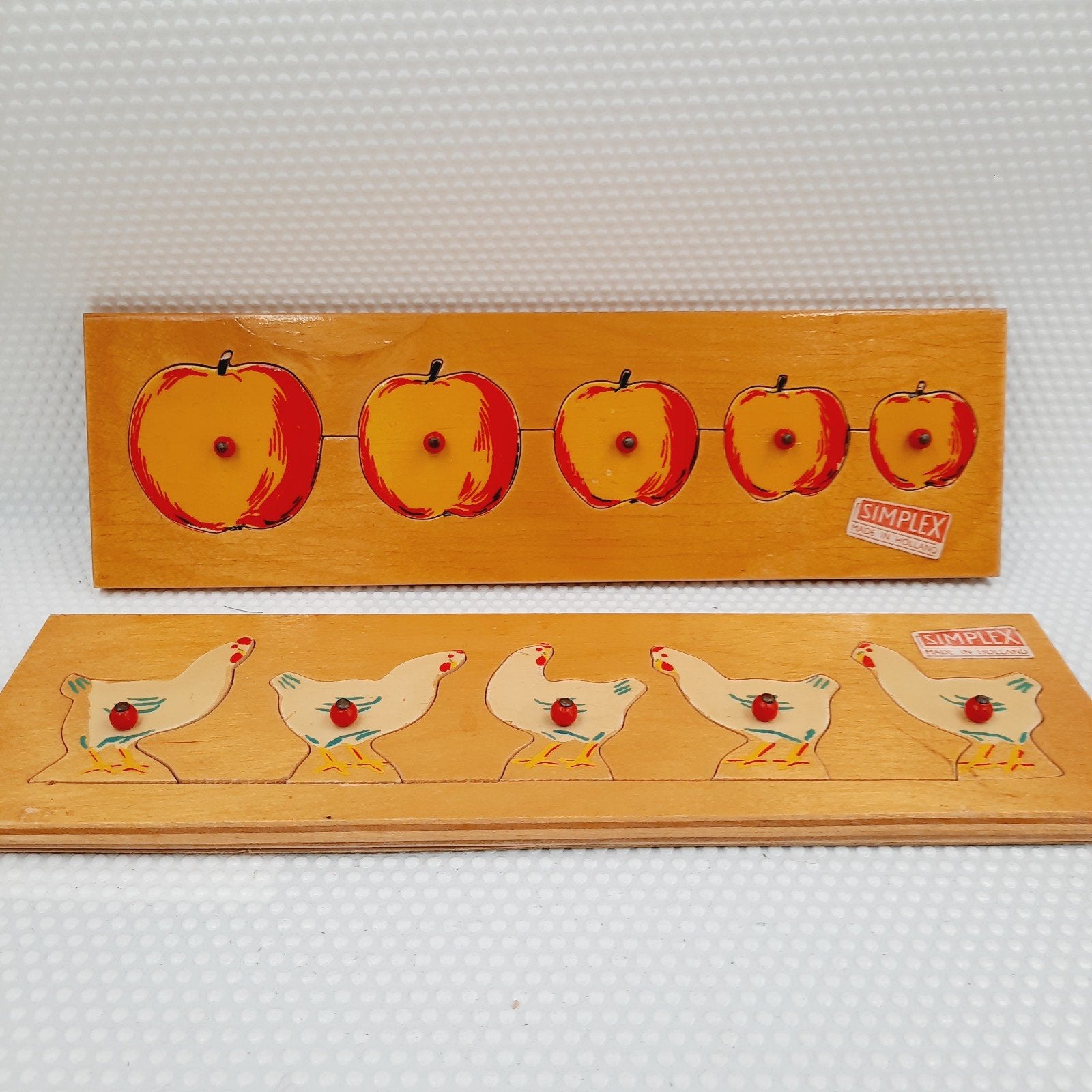 2 Vintage Simplex Houten puzzels Kippen & Appels, Ophalen of Verzenden, Gebruikt, Puzzelen