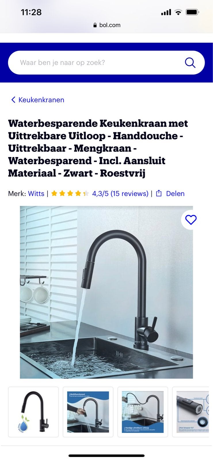 Waterbesparende Keukenkraan met Uittrekbare Uitloop - Zwart, Overige typen, Nieuw, Ophalen of Verzenden, Zwart
