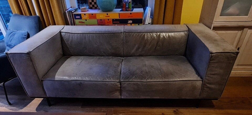 Solide, vintage grijze leren bank., Ophalen, Gebruikt, Vintage, Driepersoons