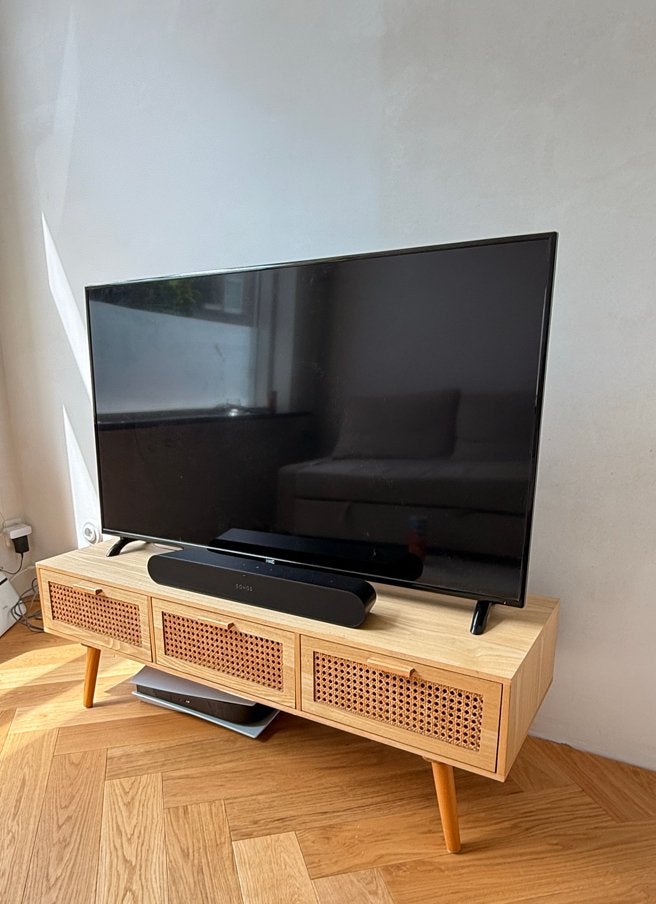 TV-meubel met rotan lades - 120 cm breed, Ophalen, 100 tot 150 cm, Eikenhout, Zo goed als nieuw
