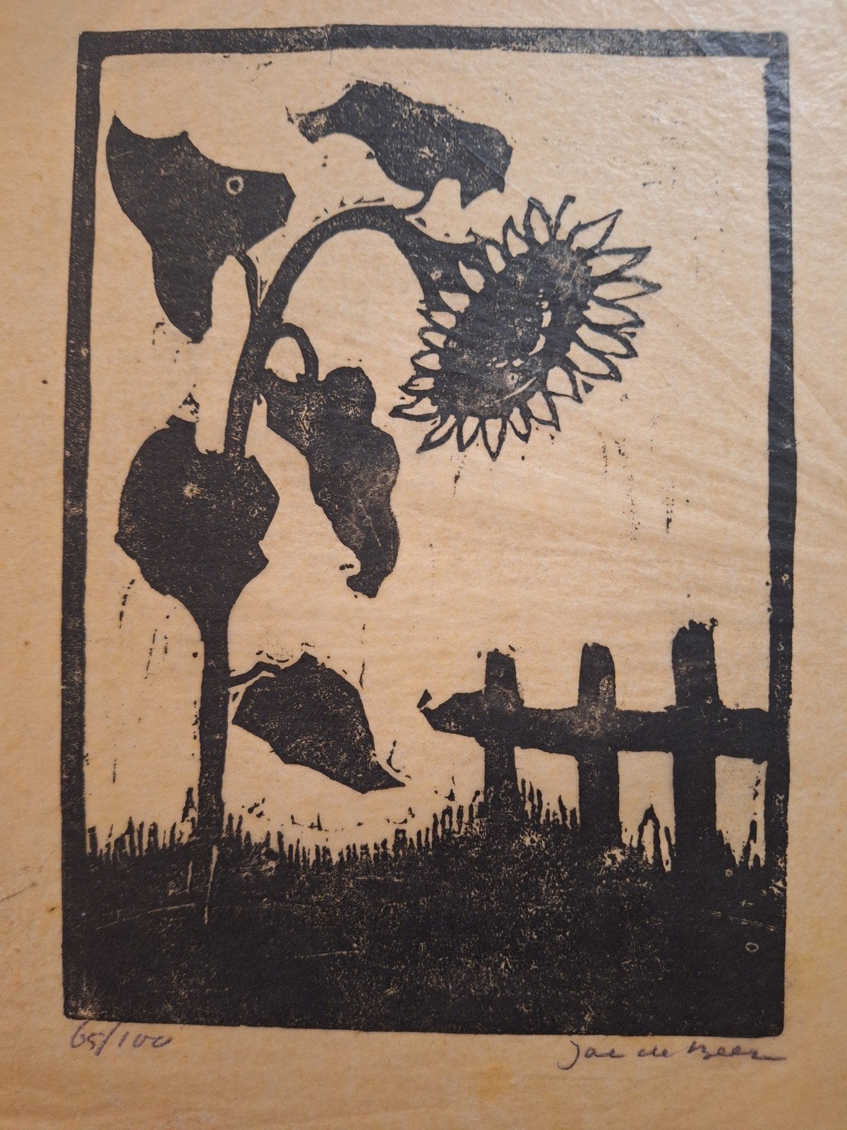 Houtsnede Zonnebloem van Jac de Beer, Antiek en Kunst, Kunst | Etsen en Gravures, 1950 - 1999, Ophalen of Verzenden, Houtsnede