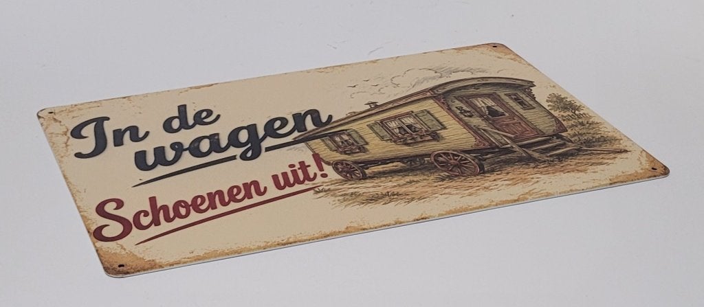 In de wagen schoenen uit woonwagen reclamebord van metaal, Info@deconoord.nl, Deco Noord, Nieuw, Ophalen of Verzenden