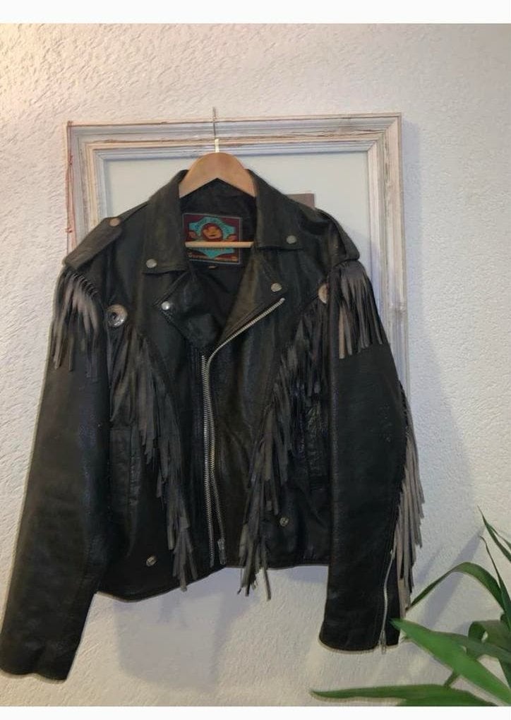 Vintage Gringo Leren Bikerjack met Franjes en Indiaan Reliëf, Ophalen of Verzenden, Tweedehands, Heren, Jas | leer