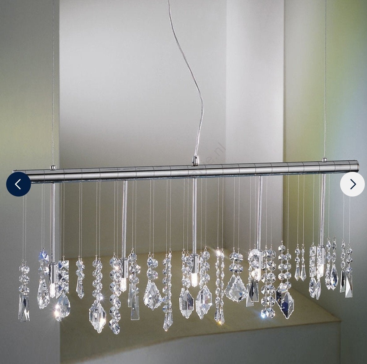 Moderne hanglamp met kristallen, chroom, 5-lichts lang 80 cm, Ophalen, Gebruikt, E14 (klein), Glas