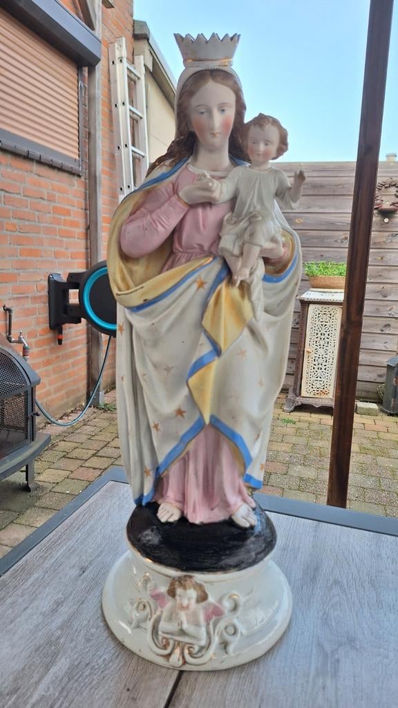 Antieke grote porseleinen Maria met kindje Jesus beeld, Ophalen of Verzenden