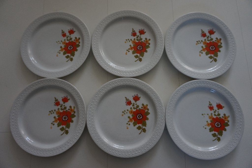 6 Retro borden Scherzer Bavaria wit oranje vintage bloemen, Ophalen, Keramiek, Zo goed als nieuw, Bord(en)