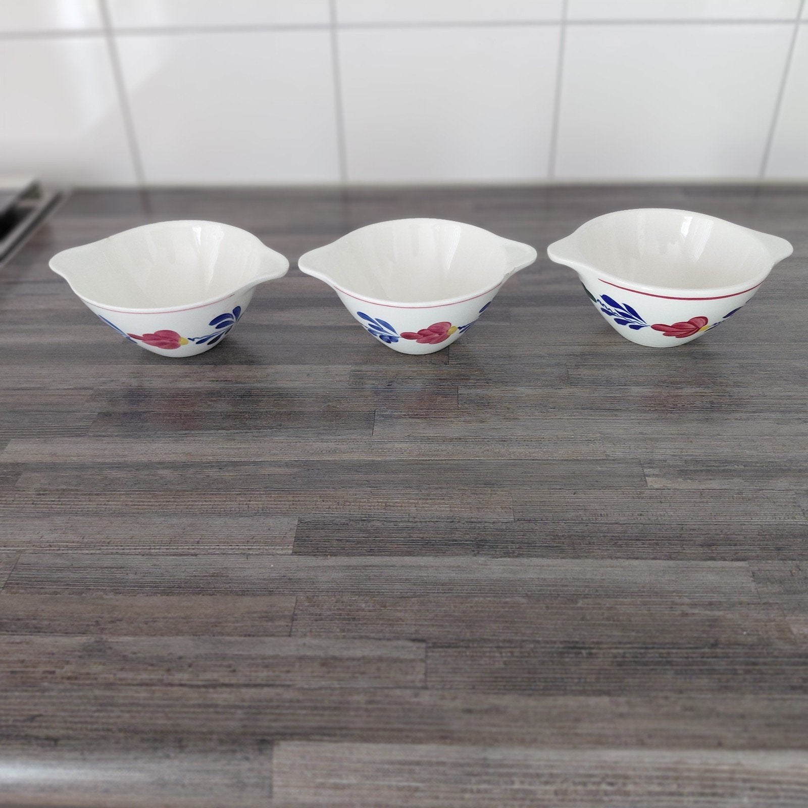 Boerenbont 3 soepkommetjes met oren, Ophalen, Gebruikt, Aardewerk, Schaal of Schalen
