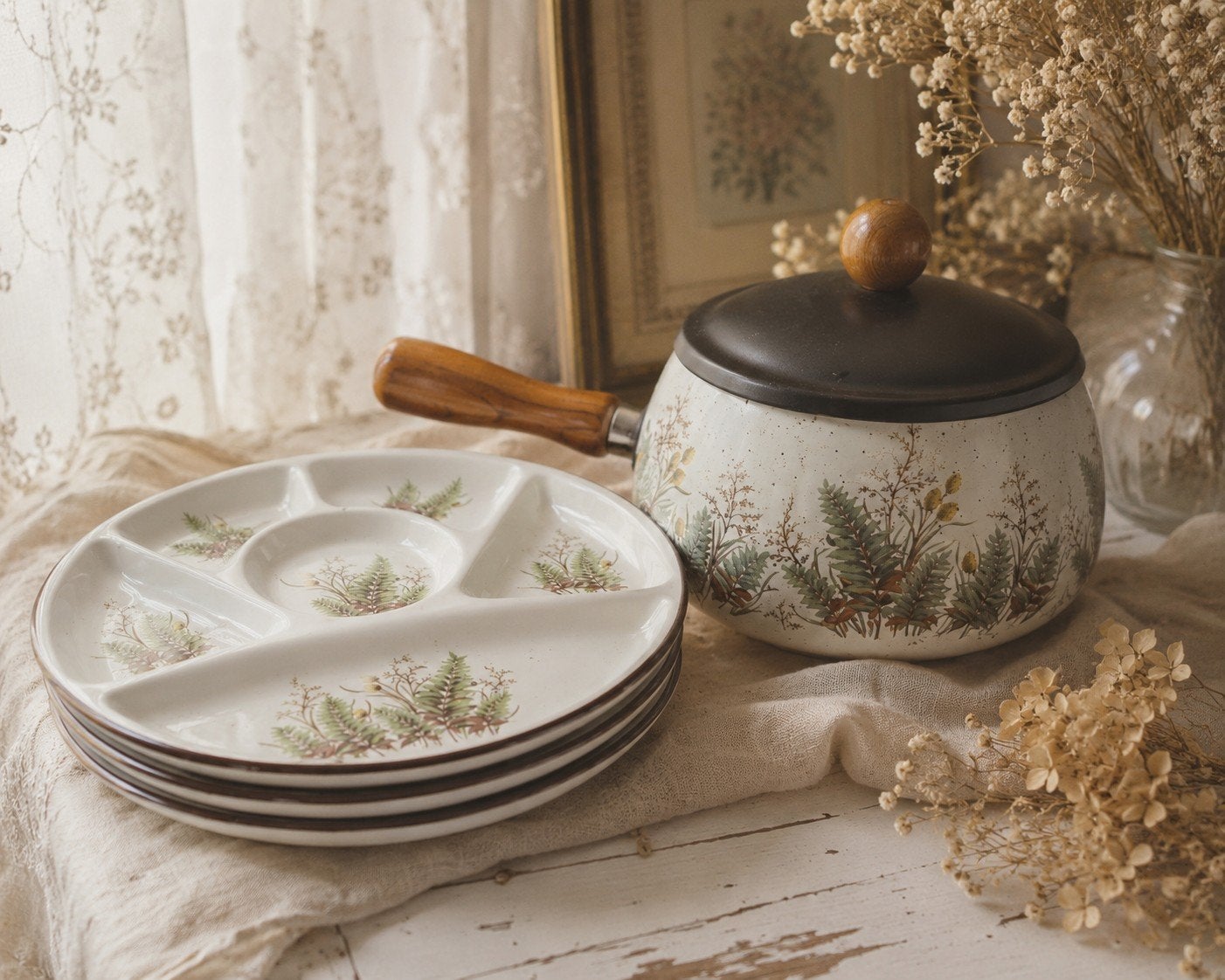 Vintage fondueset – fonduepan + 3 vakborden + fonduevorken, Antiek en Kunst, Ophalen of Verzenden