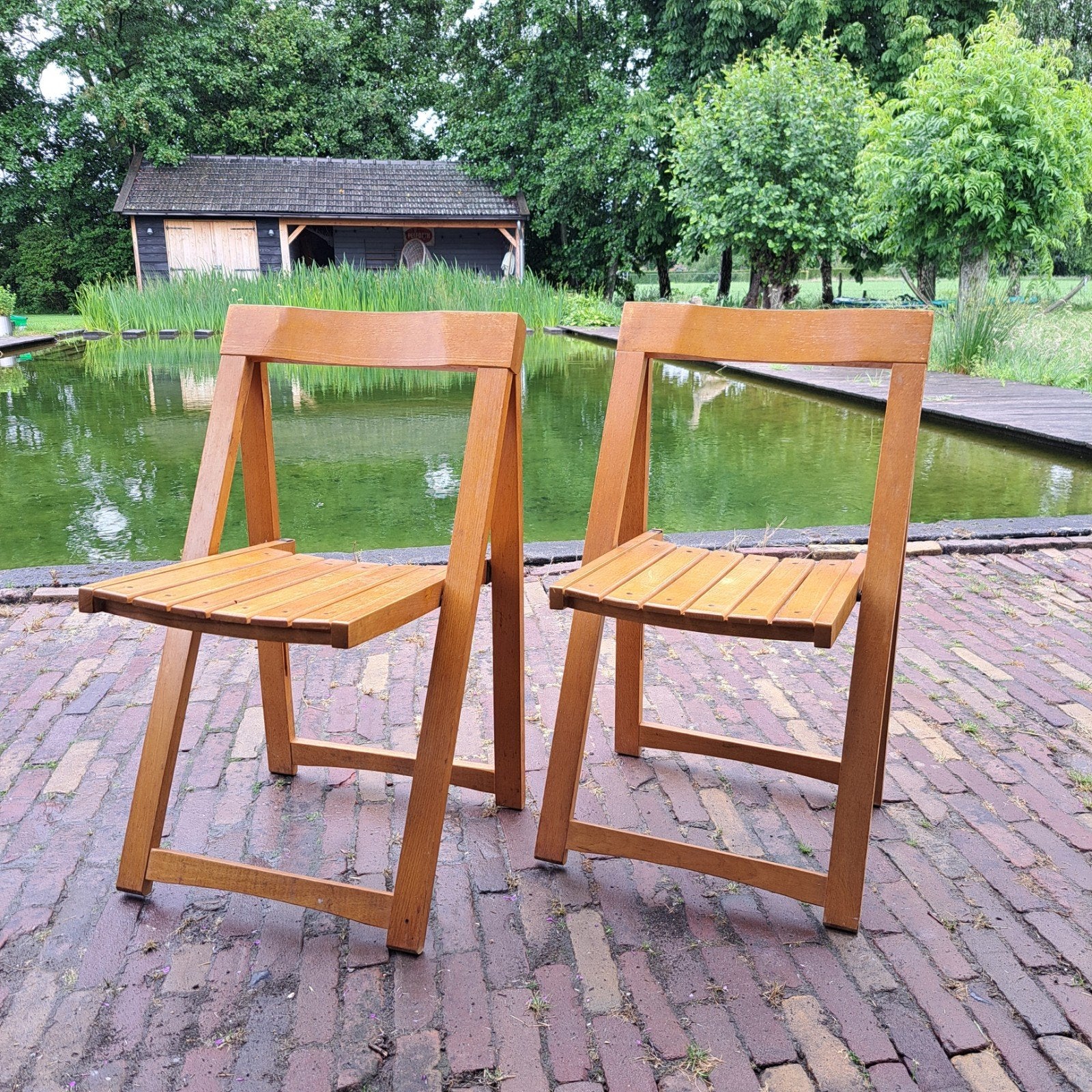 2 Vintage Aldo Jacober Trieste Klapstoelen, Ophalen, Gebruikt, Twee, Bruin