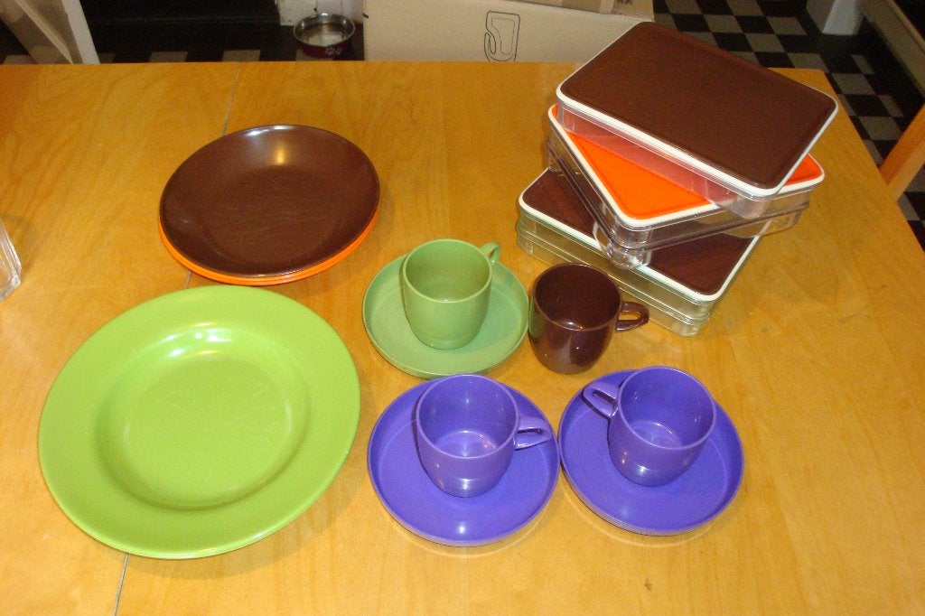 20x Mepal vintage camping servies, oranje bruin groen paars, Ophalen of Verzenden, Gebruikt