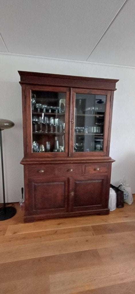 Donker  teakhouten vitrinekast, Ophalen, Gebruikt, 200 cm of meer, Teakhout