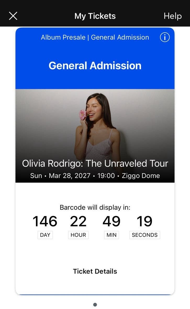 Olivia rodrigo unraveled tour ticket, Eén persoon, Maart