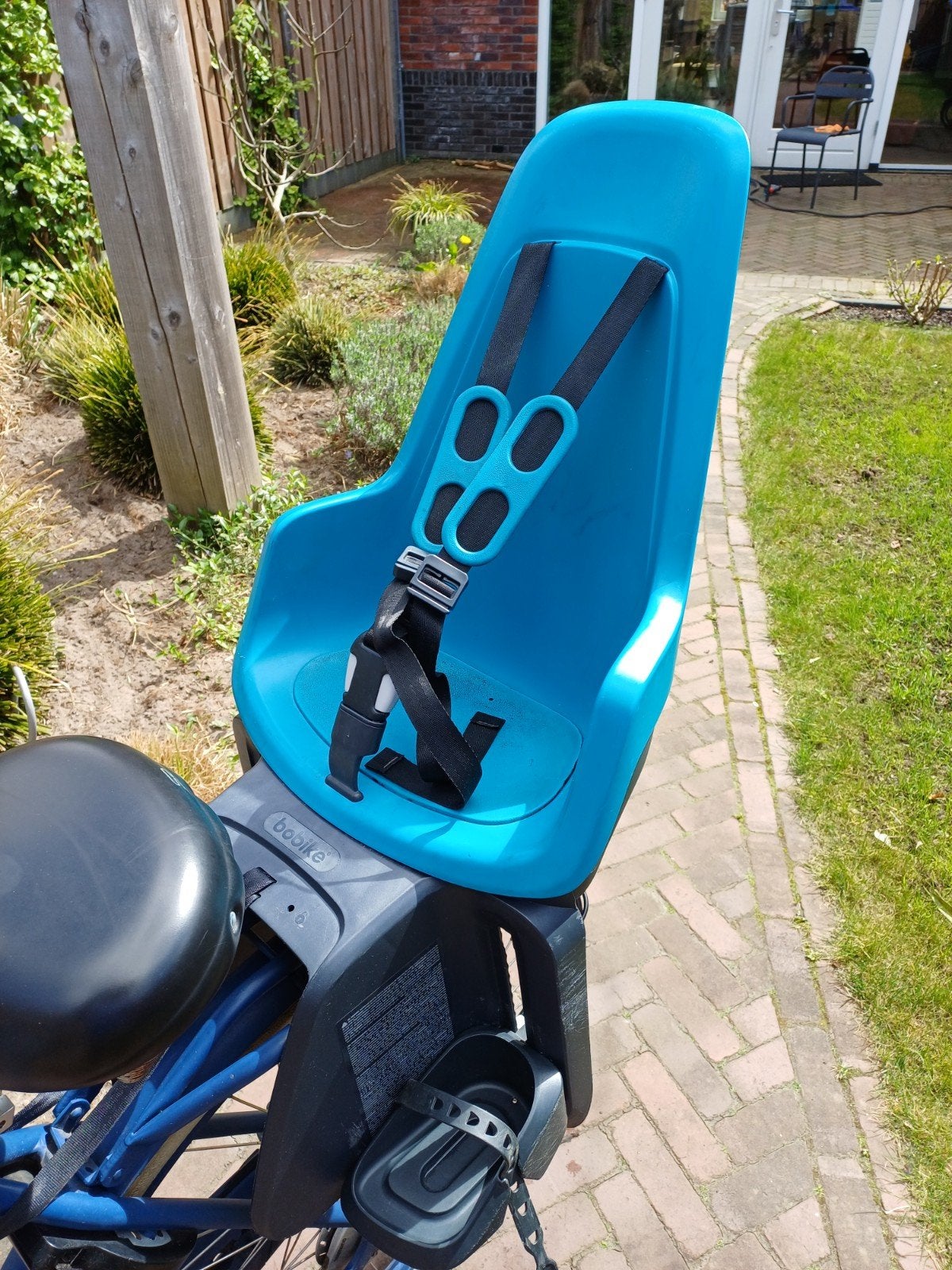 Bobike kinderzitje achter blauw fiets, Ophalen, Achterzitje, Bobike, Gebruikt