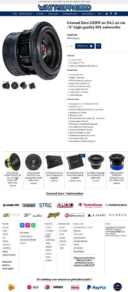 Ground Zero GZHW 20-D2 L 20 cm / 8 inch SPL subwoofer, Erlenweg 25, 85658 Egmating, Germany, Nieuw, https://www.ground-zero-audio.com/en/support-en/contact-page/