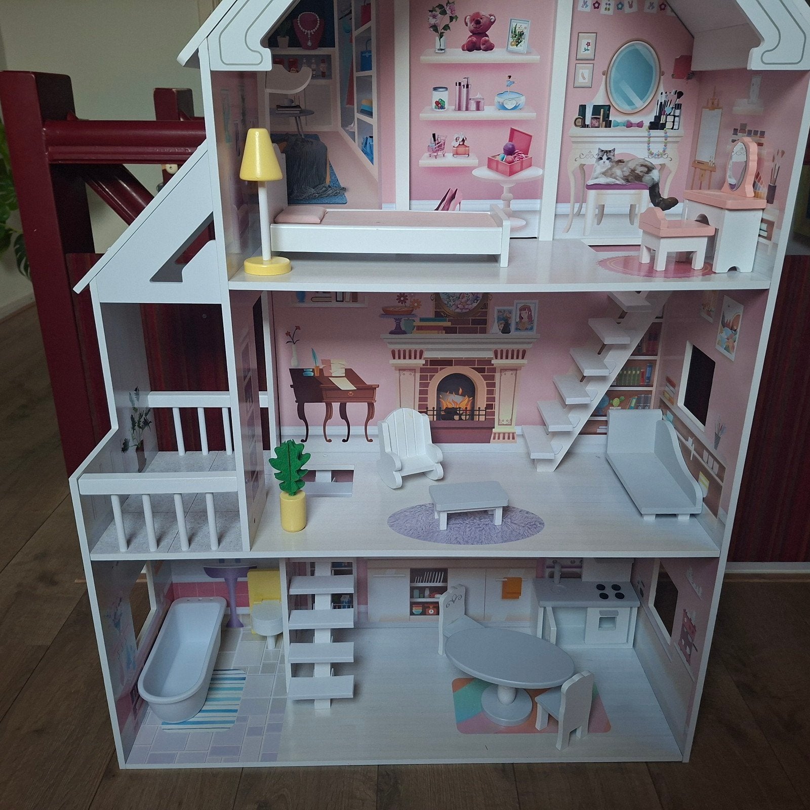 Groot houten (barbie) poppenhuis met meubels, Ophalen, Zo goed als nieuw, Poppenhuis