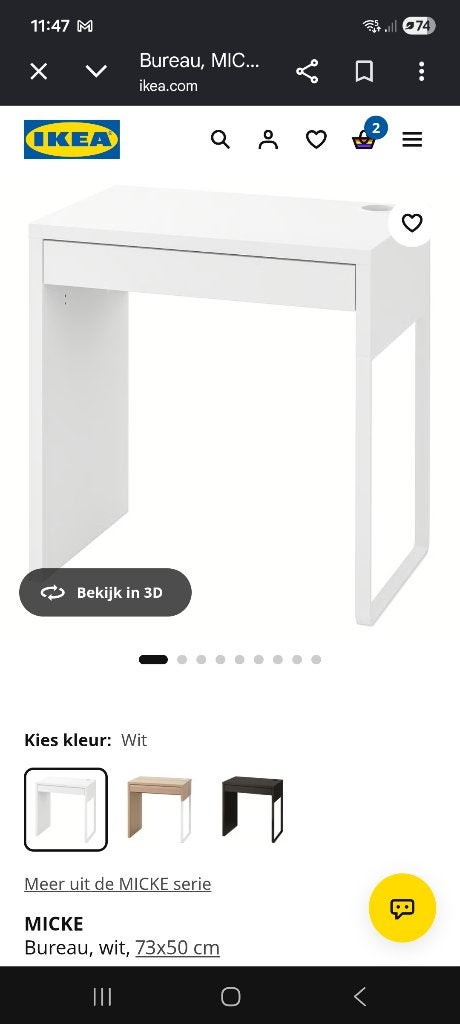 Bureau wit Micke Ikea 73x50, Ophalen, Gebruikt, 50 cm, IKEA