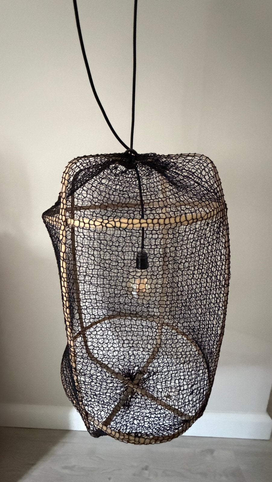Hanglamp visnet zwart/ hout, Ophalen, Zo goed als nieuw