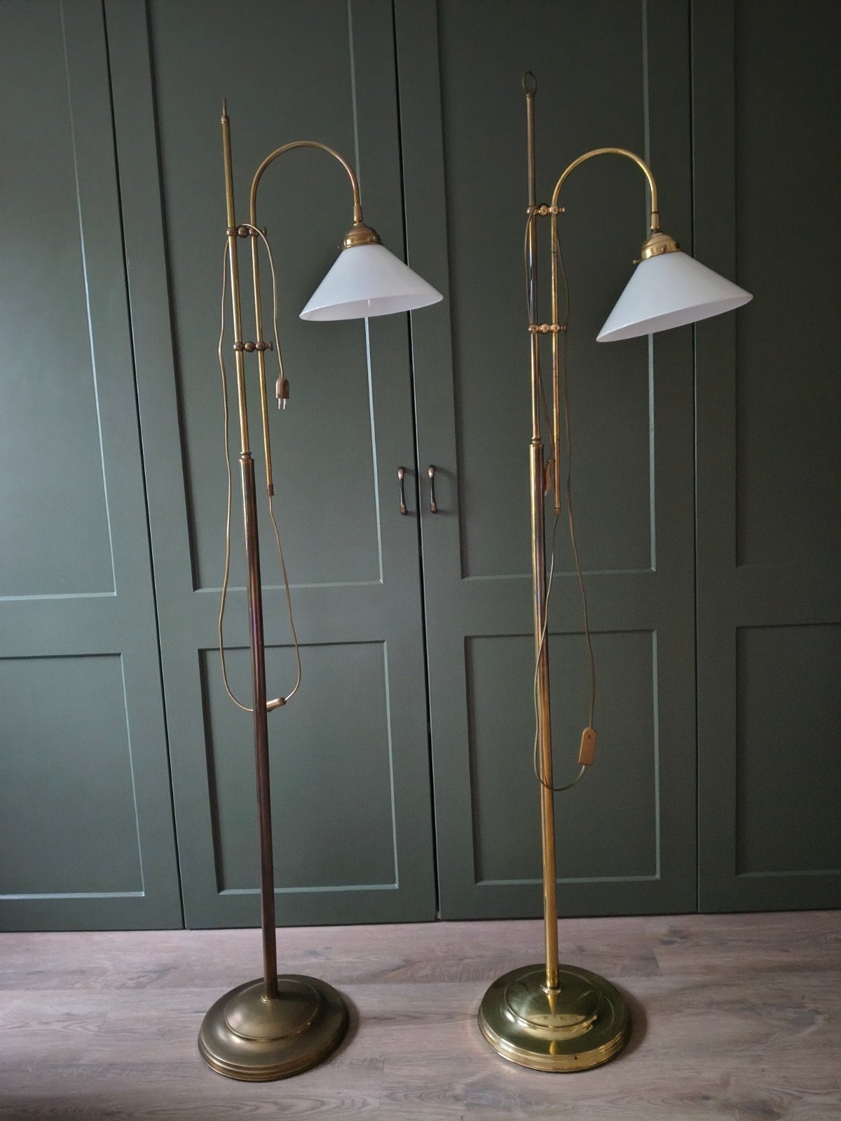 Staande schemerlampen met glazen kap, koperen armatuur, merk, Ophalen, Gebruikt, Engels, klassiek, E27 (groot)