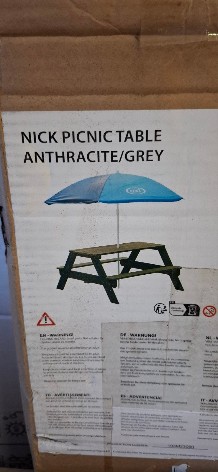 AXI Nick Picknicktafel Antraciet/Grijs met Parasol, Tuin en Terras, Picknicktafels, Nieuw, Rechthoekig, Hout, Kinderpicknicktafel