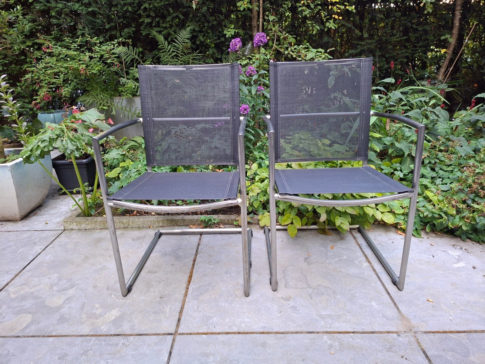 2x Moderne tuinstoelen met Batyline textiel, Tuin en Terras, Ophalen, Gebruikt, Aluminium